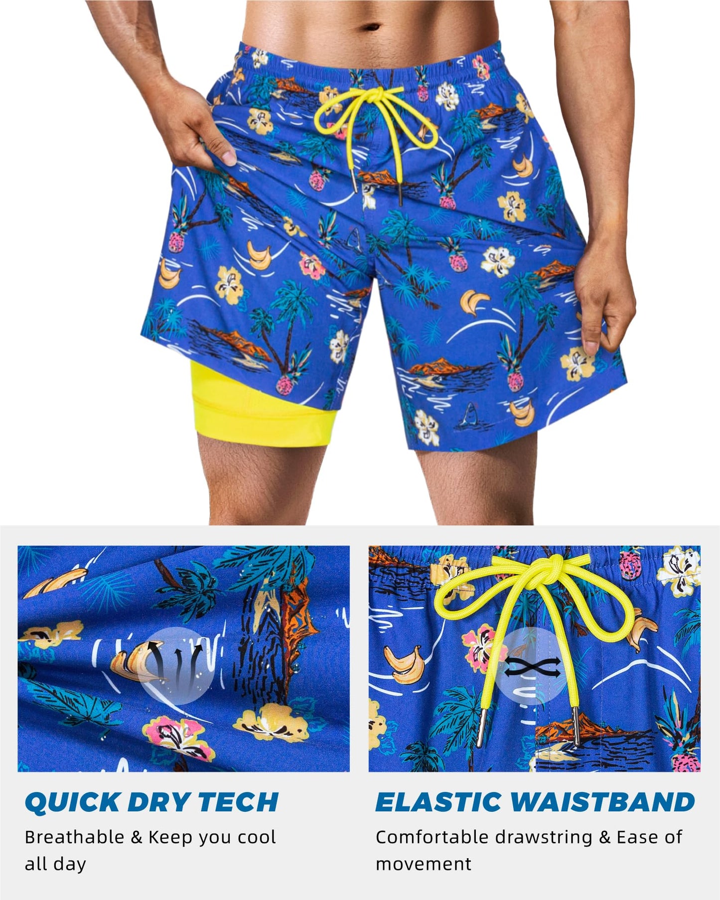 SURF CUZ Mens Swim Trunks with Compression Liner Quick Dry Swim Shorts 7" Swimming Trunks Stretch Zipper Pockets,Summer Hawaii,XS