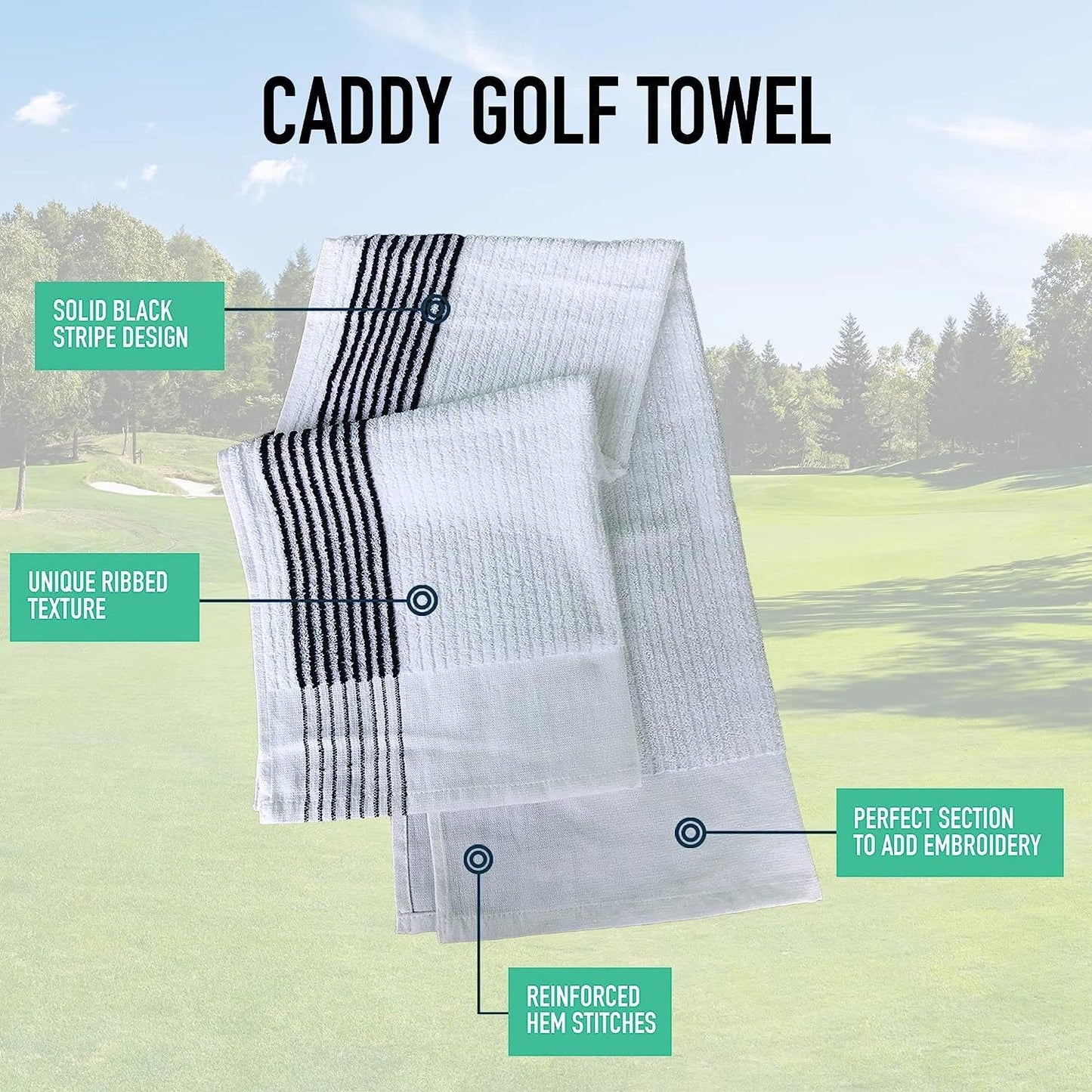 E9 GOLF Caddy Towel - Large 22" x 44" Caddie Style Golf Towel Design, Use The Same Golf Towel That Tour Players Use, Simple, Clean Design, White with Black Stripes