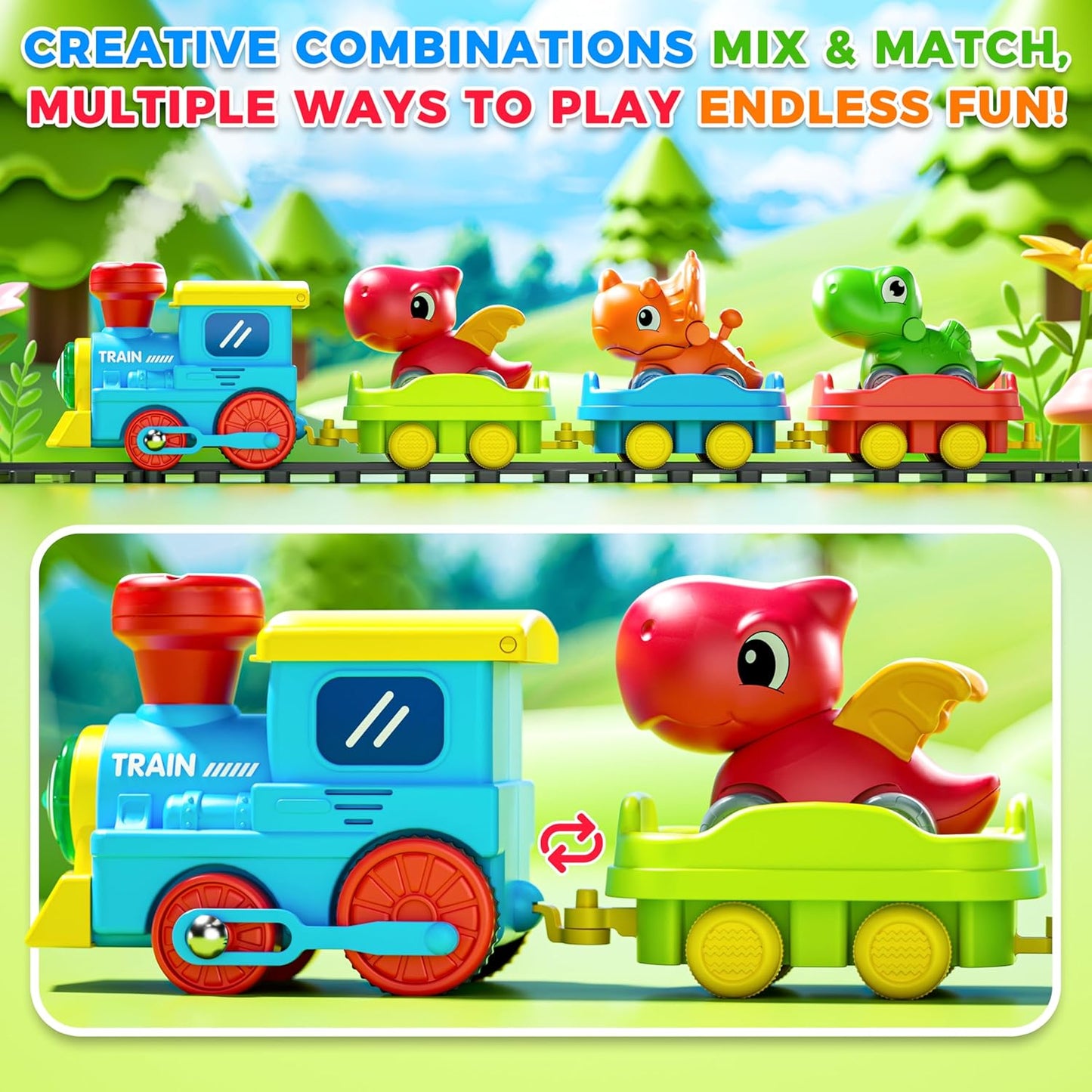 Skiennix Electric Train Set for Toddlers - Steam, Music & Lights | Includes Dinosaur Cars & Tracks, Perfect Gift for Ages 1-6