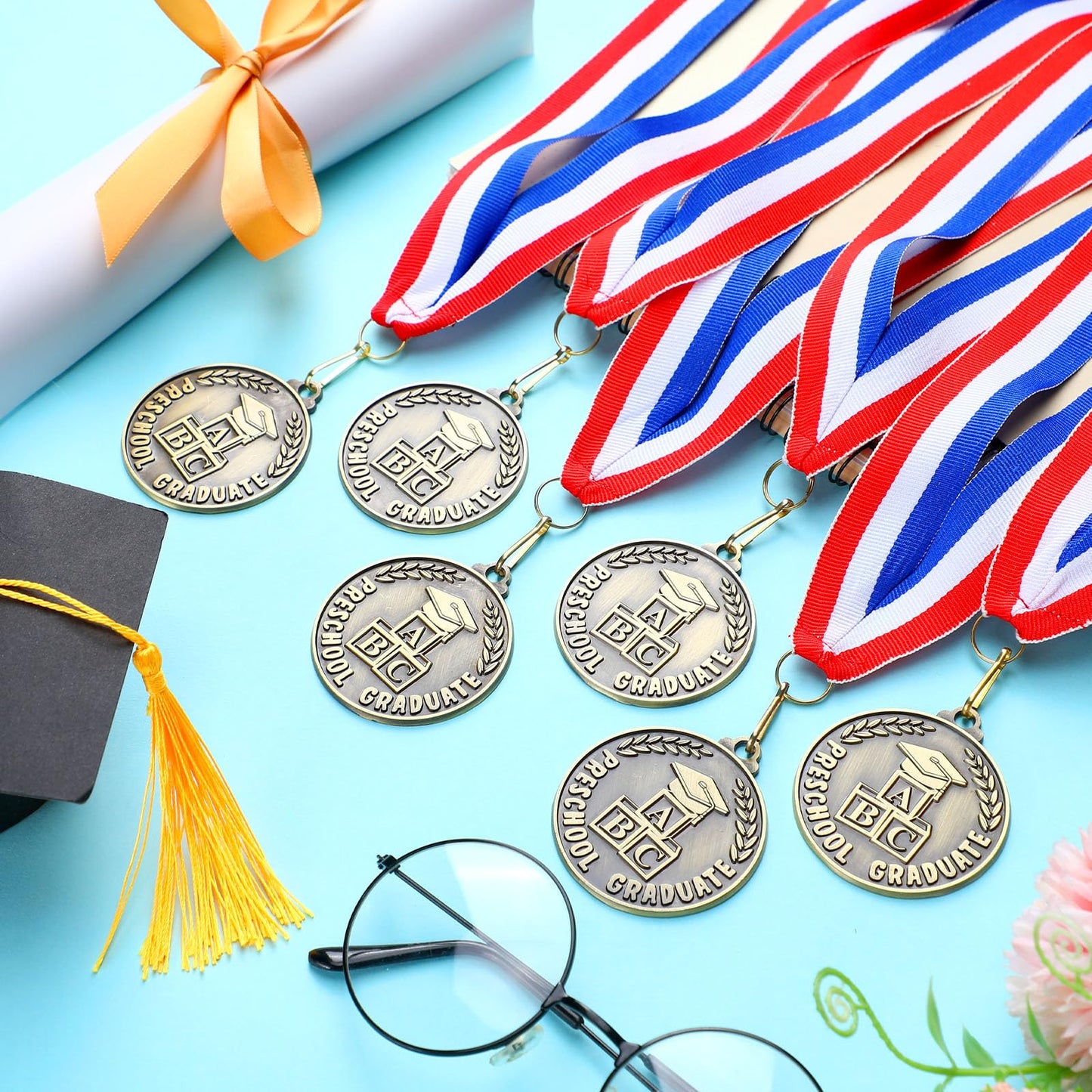 Remuuly 30/60 Pcs Kindergarten Graduation Award Medals for Kids 2'' Preschool Award Medallion with Neck Ribbon Congrats Graduation Gifts for School Student Party Favor(30 Pcs,ABC)