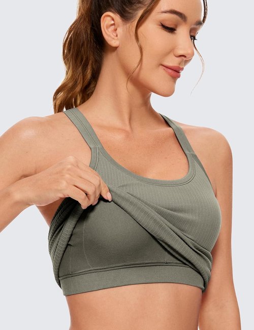CRZ YOGA Seamless Ribbed Racerback Tank Top with Built-In Bra - Padded Scoop Neck Athletic Camisole