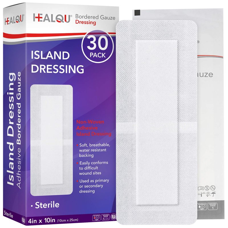 HEALQU Bordered Gauze Island Dressing - Sterile Individually Wrapped Gauze Pads with Water-Resistant, Non-Woven Backing (4"x10" - 2"x7.5" Pad (30 Pack)