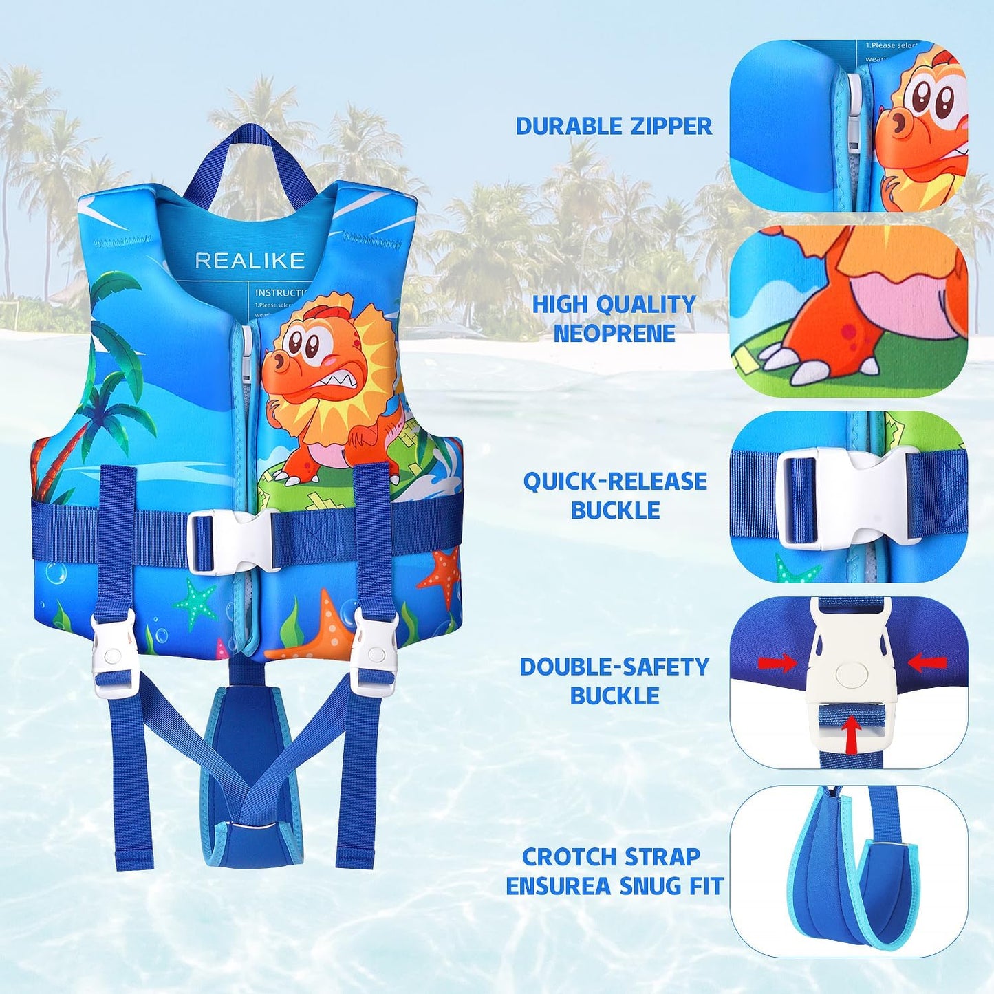 REALIKE Kids Swim Vest - Adjustable Toddler Floaties with Safety Strap | For Ages 2-10 Years (22-88lbs)