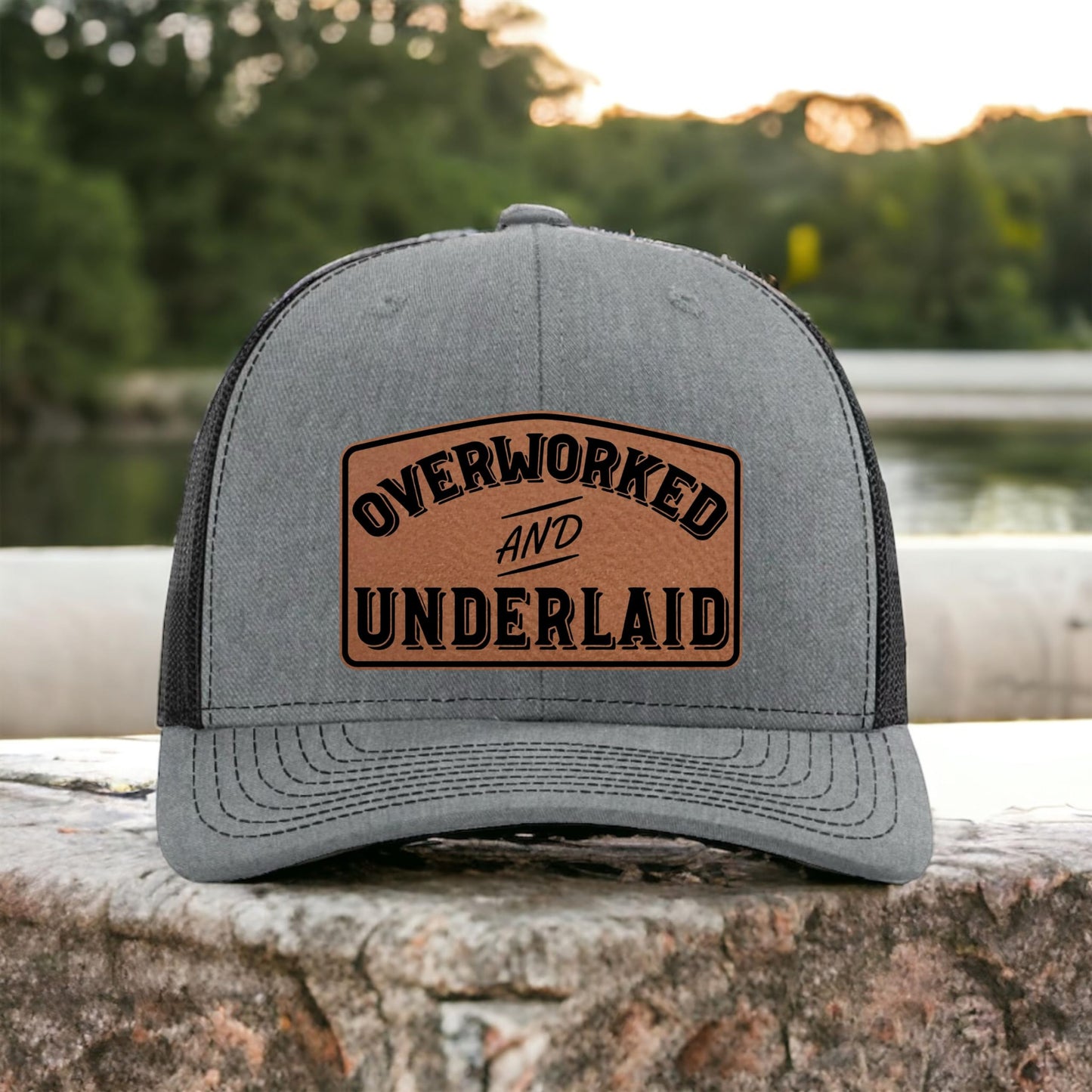 Yippee Daisy Overworked and Underlaid Hat - Funny Dad Hats for Men - Christmas, from Wife - Inappropriate Trucker Hat - Hat with Leather Patch - Blue Collar Hats - Grilling Gifts for Men