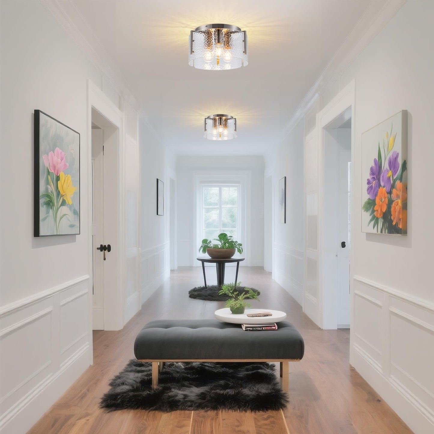 MAYNA Modern Nickel Semi Flush Mount Ceiling Light Fixture, 3-Light Glass Ceiling Light, Hallway Light Fixtures Ceiling Mount for Kitchen Entryway Bedroom Laundry Room