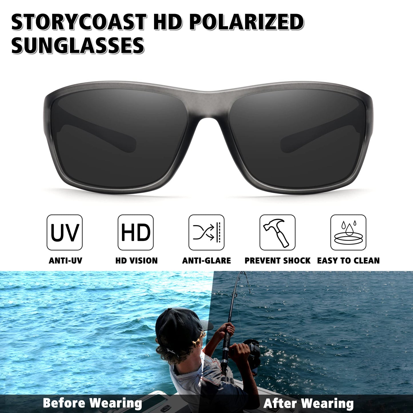 STORYCOAST Polarized Sports Sunglasses for Men Women Unbreakable Frame Cycling Fishing Driving 2Pack Black+Clear Gray Frame/Gray Lens