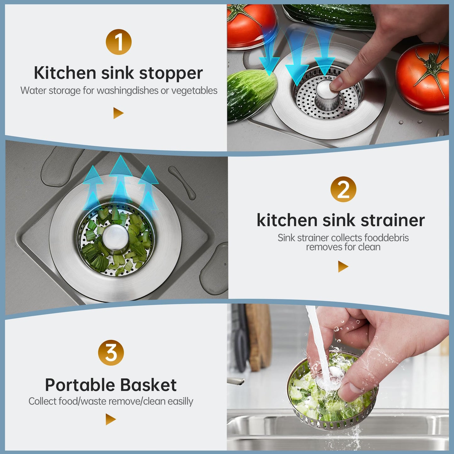 YYKBZ 3 in 1 Kitchen Sink Drain Strainer， Stainless Steel Pop Up Sink Stopper， Plug for Sink Drain Strainer with Anti-Clogging Basket for Us Standard 3-1/2"Drain Easy to Install （1pcs）