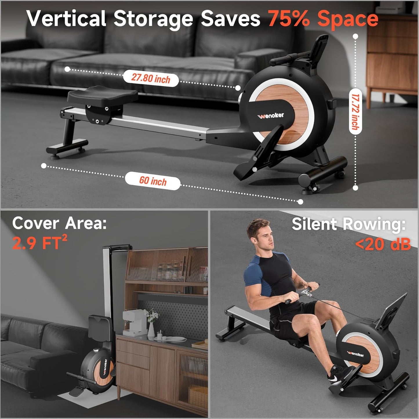 Wenoker Magnetic Rower Machine - App-Supported, 350 LB Capacity, Whisper Quiet with LCD Monitor & Comfortable Seat