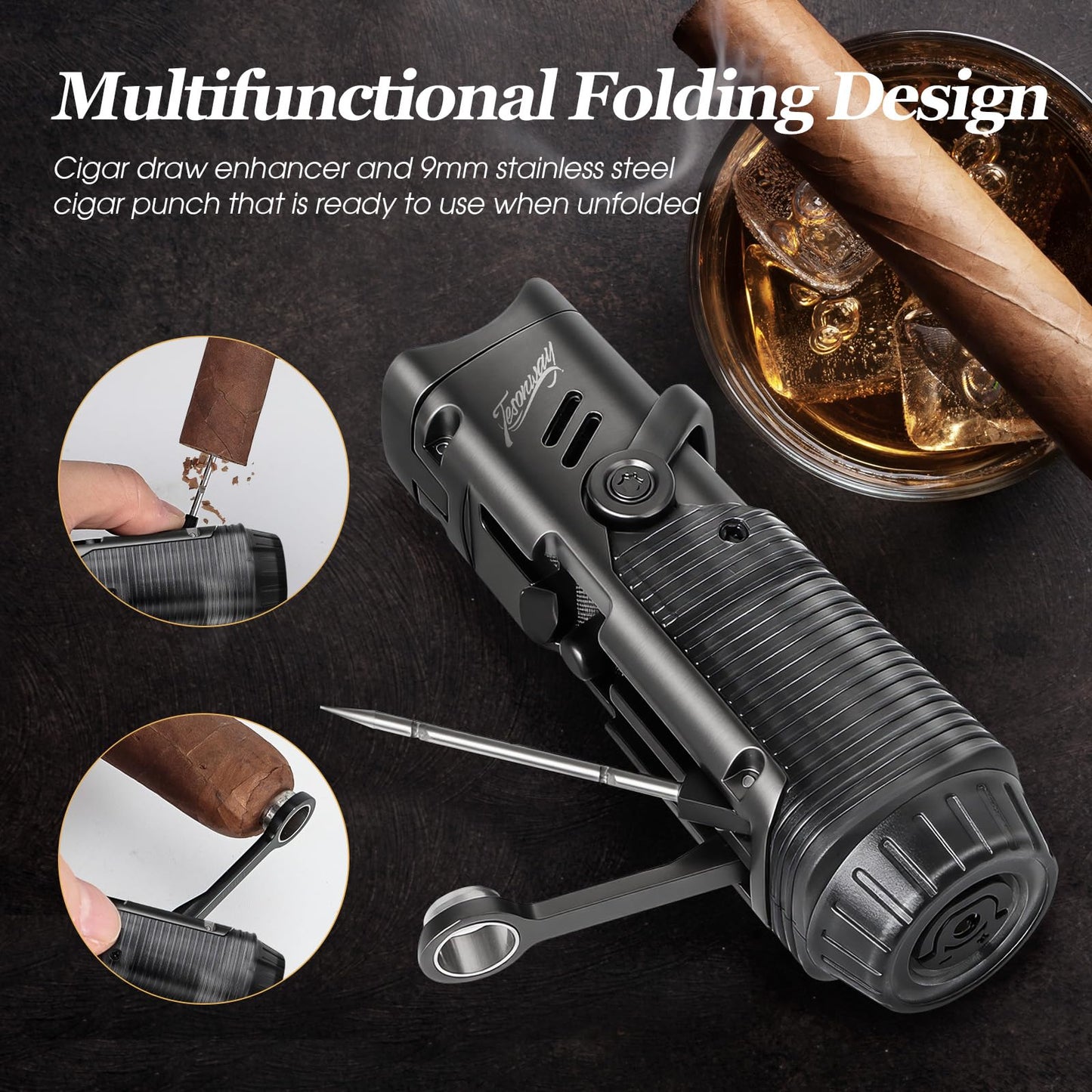Tesonway Cigar Lighter 2 Pack, Windproof Refillable Butane Torch Lighter, Multifunction Cigar Accessories Butane Lighter with Cigar Holder, Cigar Draw Enhancer and Cigar Punch, Butane Not Included