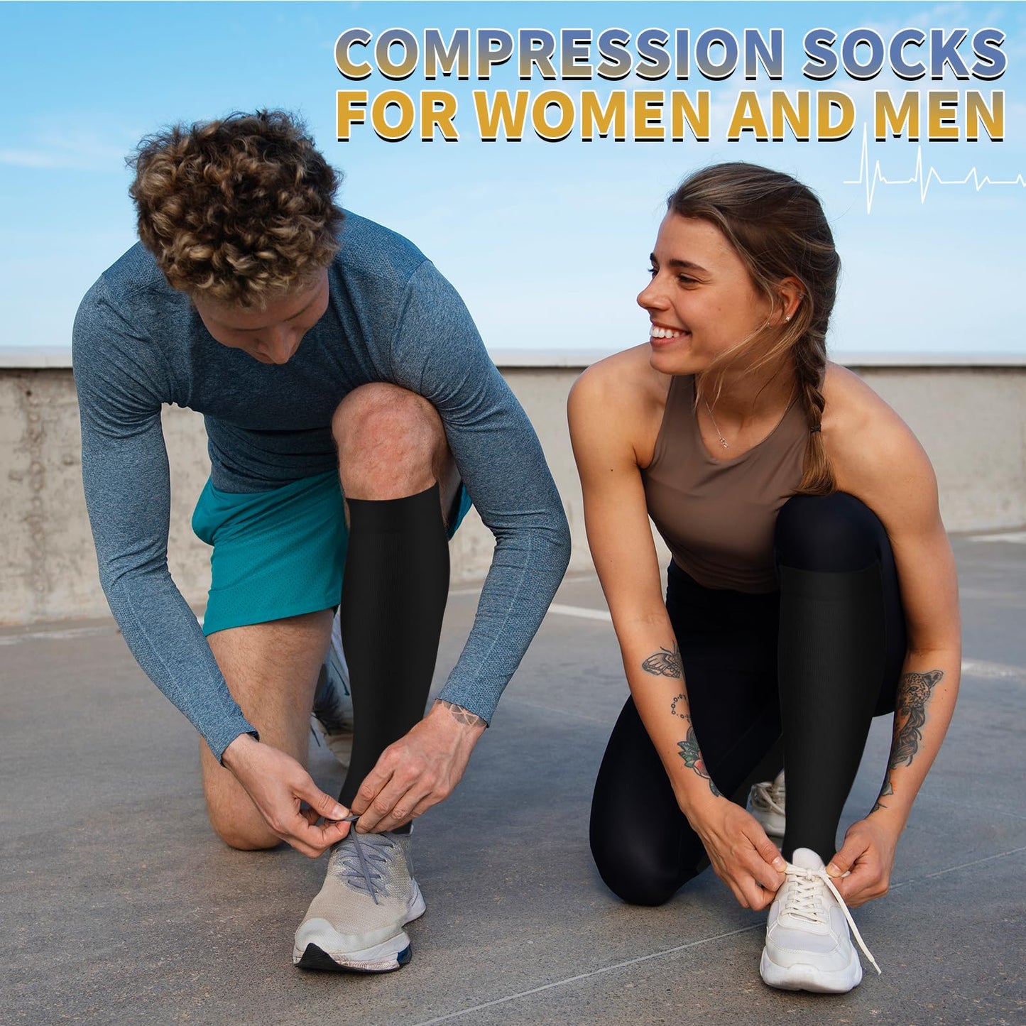 Sooverki Compression Socks for Men & Women 8 Pack 15-20mmHg - Knee High Stockings Leg Warmers Best Support for Running Athletic Work Cycling Travel Black Nylon Polyester Gifts Mujer Hombre
