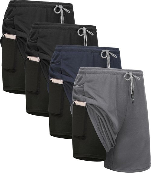 Kinglaman 2-in-1 Men's Running Workout Shorts - Quick Dry Athletic Shorts with Pockets | 4 Pack