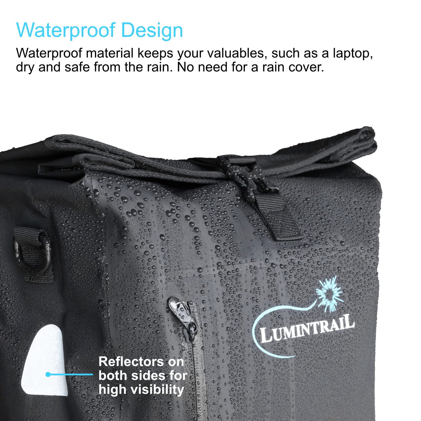 Lumintrail Bike Pannier Bag and Backpack Waterproof Rear Bicycle Bag, Fits E-Bike (25 L), Safety Reflective Spots, Backpack Straps