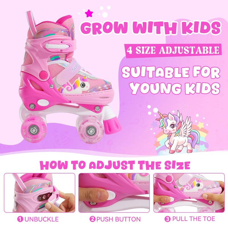 SUPER YOUNGSTER Adjustable Light Up Kids Unicorn Roller Skates for Girls Ages 4-6 5-8 8-12，Toddlers Beginner Cat Roller Skates