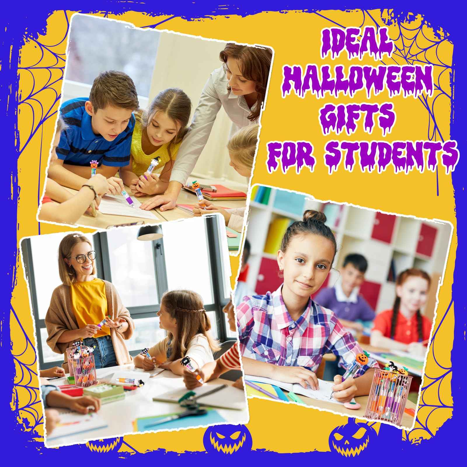 Gilprop 100 Set Multicolor Halloween Retractable Ballpoint Pens 0.7 mm 4-in-1 Halloween Pumpkins Writing Pen with Gift Card Bags for Trick or Treat Party Favors Students Kids School Office Gifts
