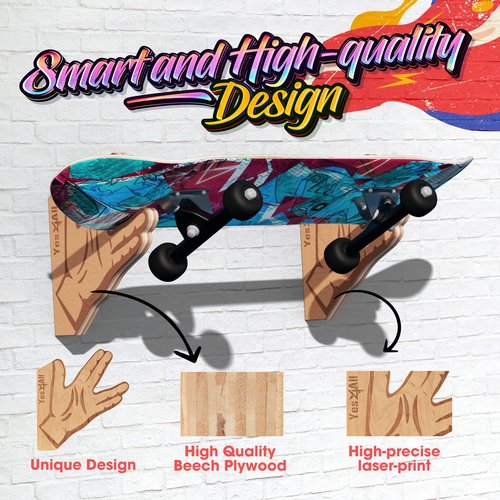 Yes4All Unique Wooden Skateboard Rack, Wall Mounted Longboard Storage for Home Decor and Garage Organizer