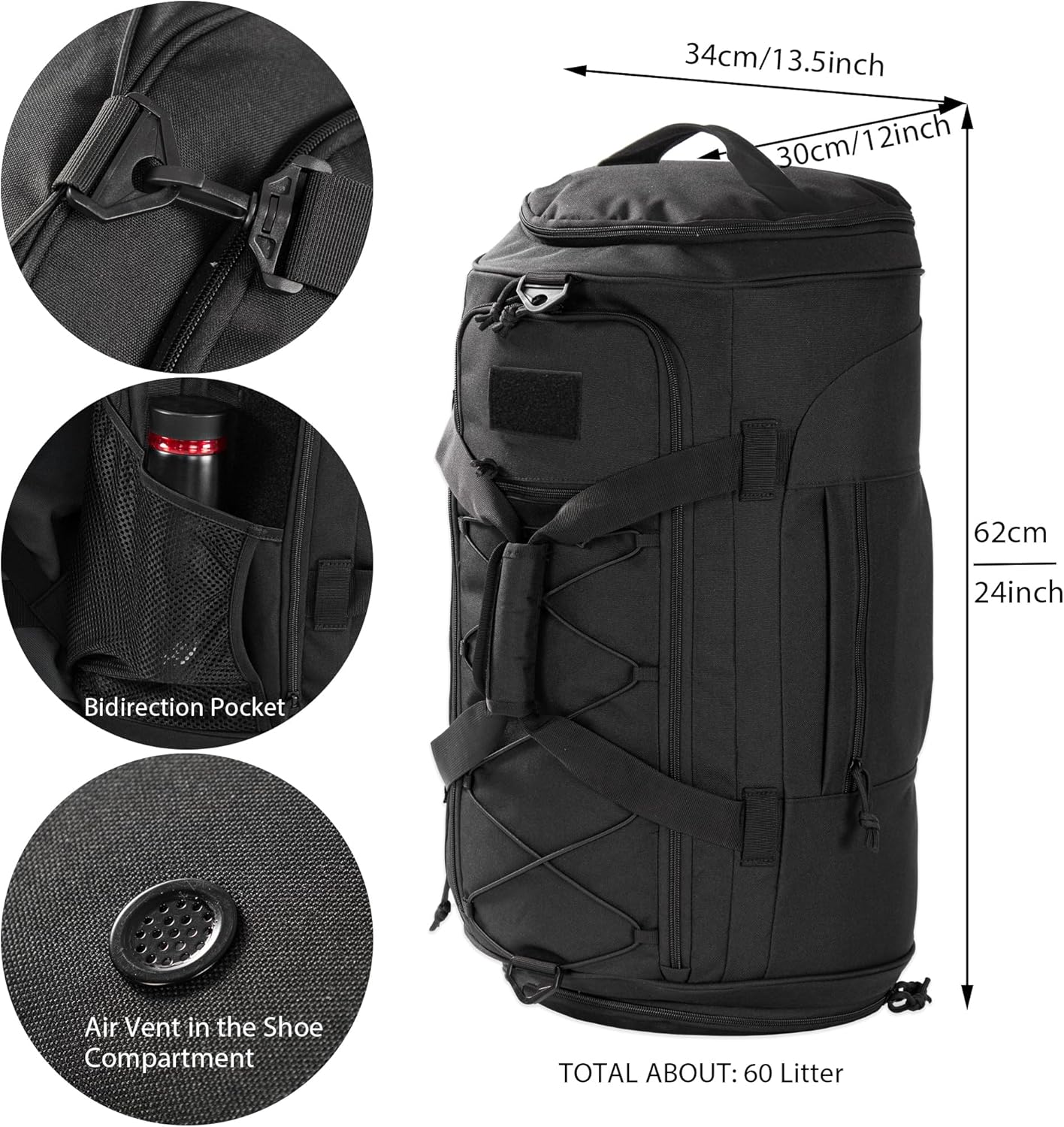 Military Duffle Backpack by Gym Bag - Heavy Duty Travel Weekender with Shoe Compartment | 60L Capacity