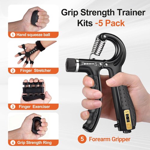 Grip Strength Trainer Kit - 5 Pack Adjustable Resistance Hand Grippers & Finger Exercisers for Muscle Building and Injury Recovery