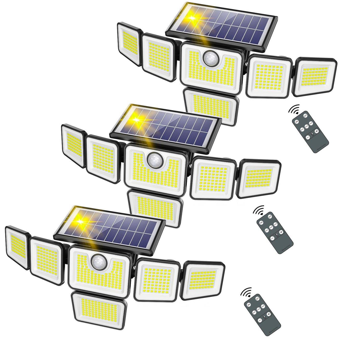 SZPOWER Solar Outdoor Lights, 3000LM Solar Flood Lights with 401 LED, 6 Heads Motion Sensor Light 360° Beam Angle, IP65 Waterproof,3 Adjustable Brightness, Remote Control Security Light 3 Packs