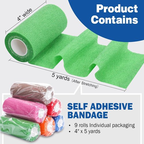 AZEN Self-Adhesive Bandage Wrap - 9 Pack of 4" X 5 Yards Elastic Cohesive Tape for Athletes & Pets