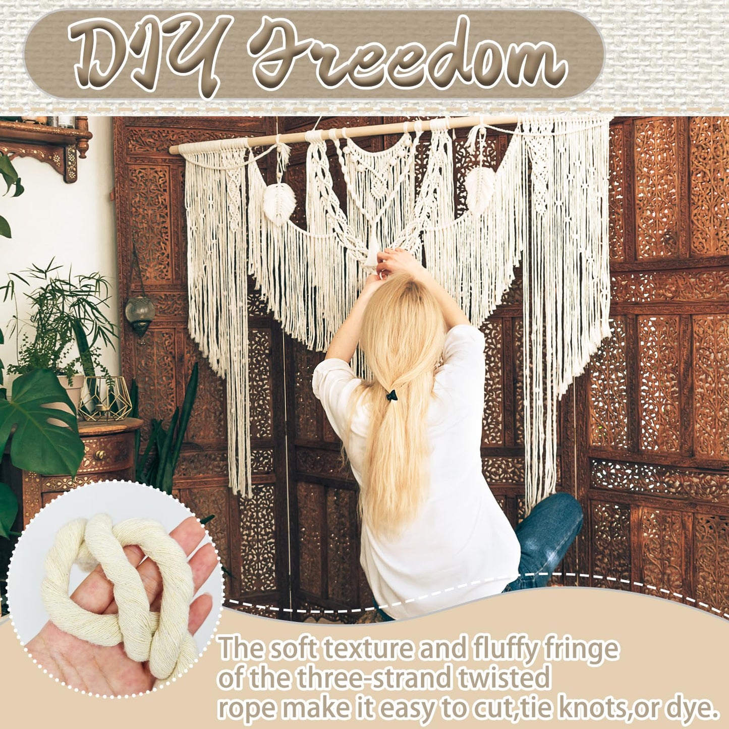 Natural White Cotton Rope 4/5 inch x 10 ft,Tug of War Rope,Twisted Cotton Ropes for DIY Crafts Decoration,Swing,Tug of War,Pet Toys