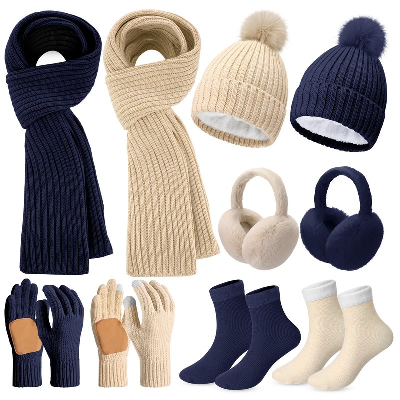 Cutecrop 10 Pcs Winter Hat Scarf Gloves Earmuffs Socks for Women Men Skiing Snowboarding Snow Shoveling Outdoor Warmth(Beige and Navy Blue)
