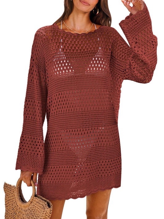 ANRABESS Women Swimsuit Crochet Swim Cover Up 2026 Summer Bathing Suit Swimwear Mesh Knit Beach Dress Vacation Outfits Red Medium