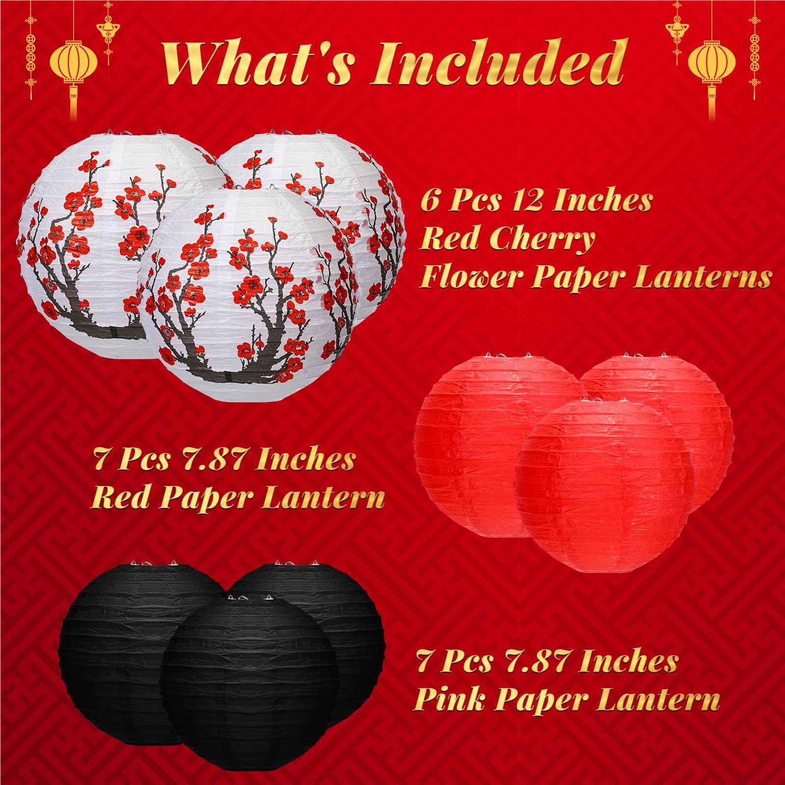 Mudder 20 Pieces Chinese Japanese Paper Lanterns Includes Cherry Flowers Paper Lanterns for Hibachi Birthday Party Asia Home Restaurant Wedding Decor(Red White and Black,Zen Style)
