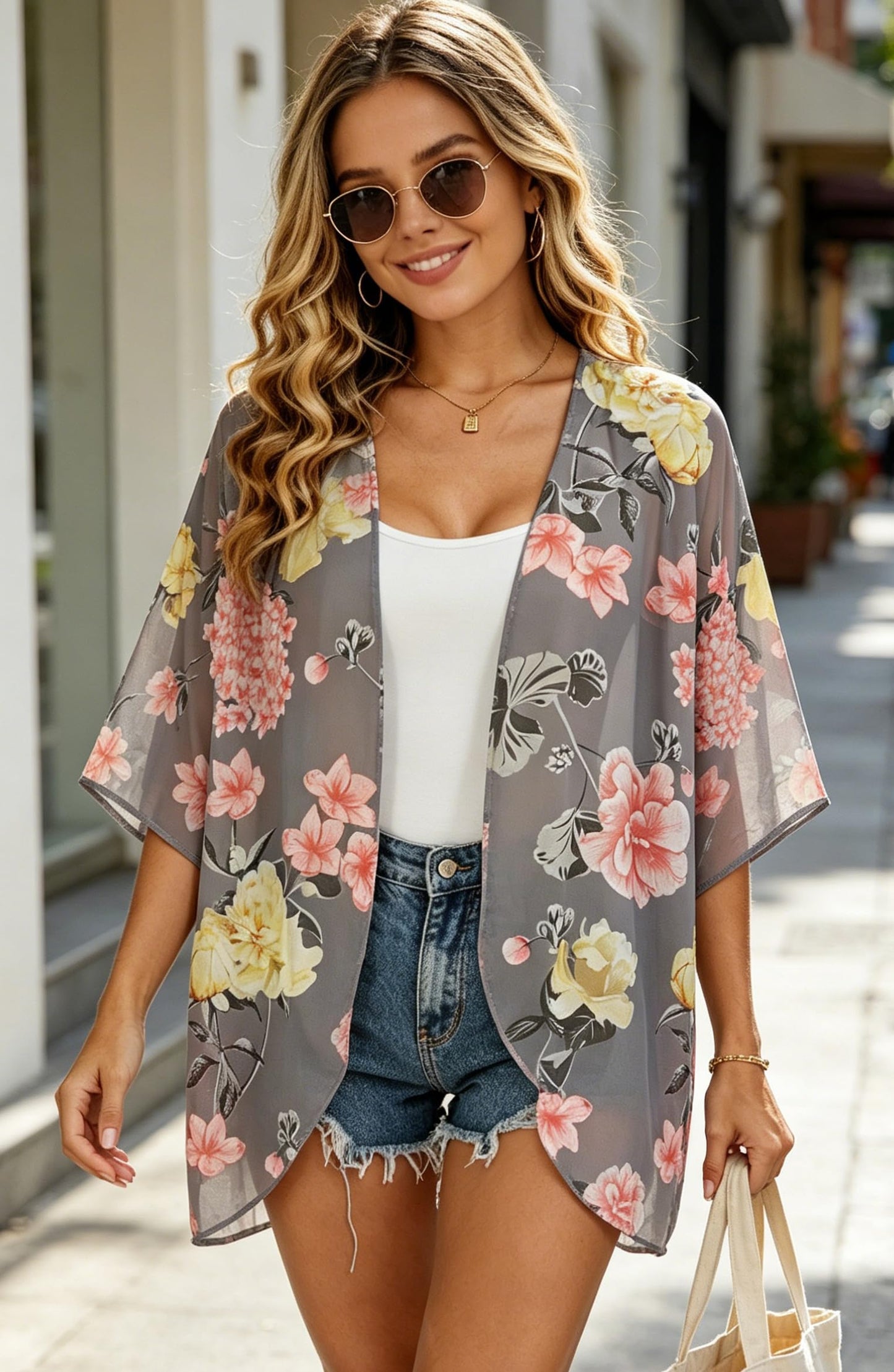 FINOCEANS Womens Floral Chiffon Kimono Cardigans Loose Beach Cover Up Half Sleeve Tops