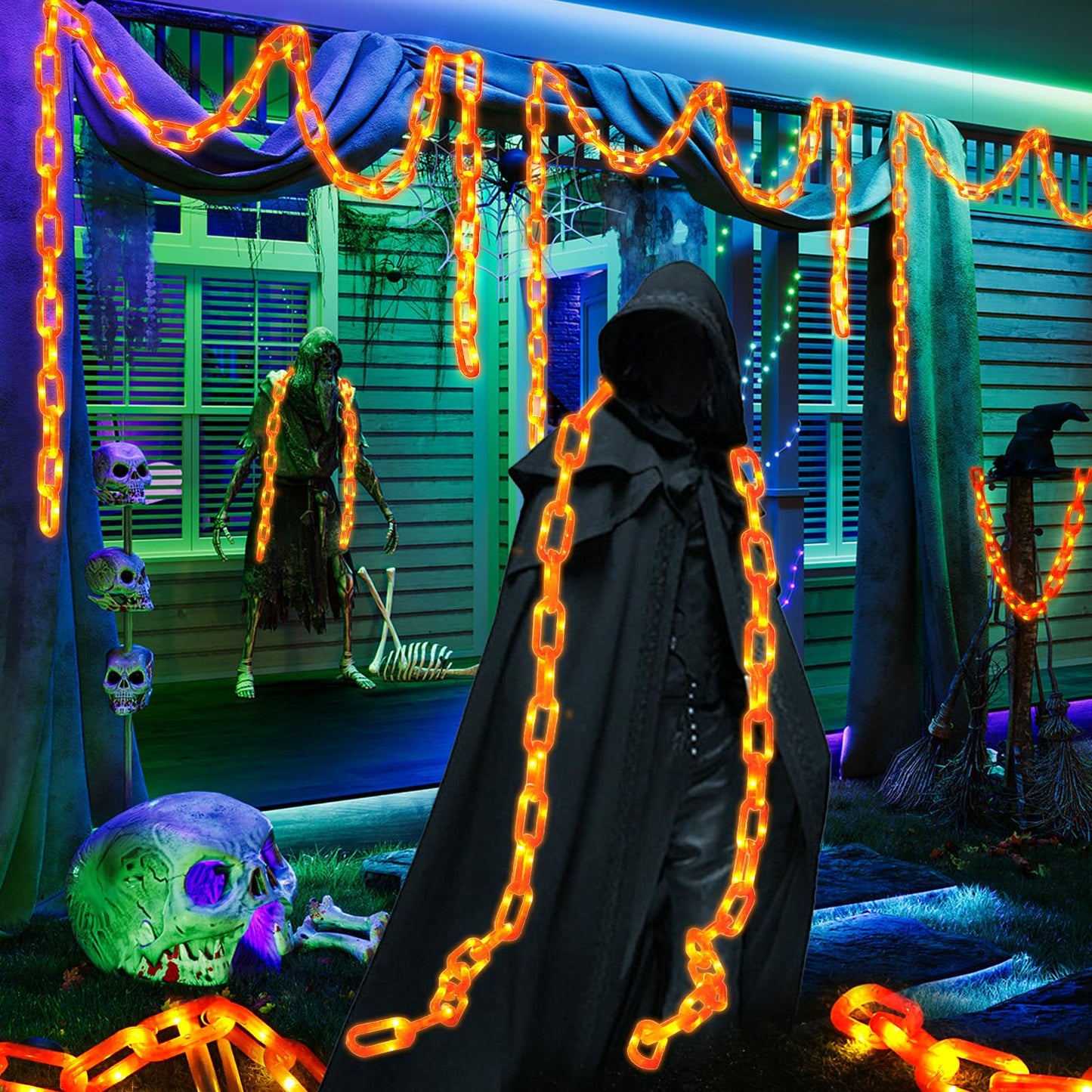 Large & Thicker Halloween Decorations Solar Charging String Lights - 10 Ft 160 LED Plastic Chain String Lights with Waterproof, 8 Lighting Modes and Automatically Lights up at Night ， Off in Daytime