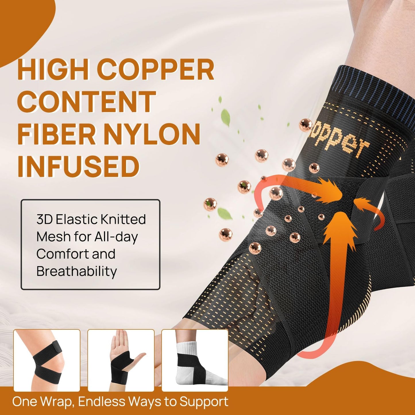 JIUFENTIAN Ultra-Breathable Copper Ankle Braces for Men and Women- Adjustable Compression Ankle Brace for Sprain Recovery, Plantar Fasciitis & Daily Pain Relief | Durable, Fits Any Shoe (Large)