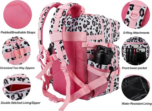 LHI Military Tactical Backpack - 45L Army Assault Pack with Molle System | Pink Leopard Design