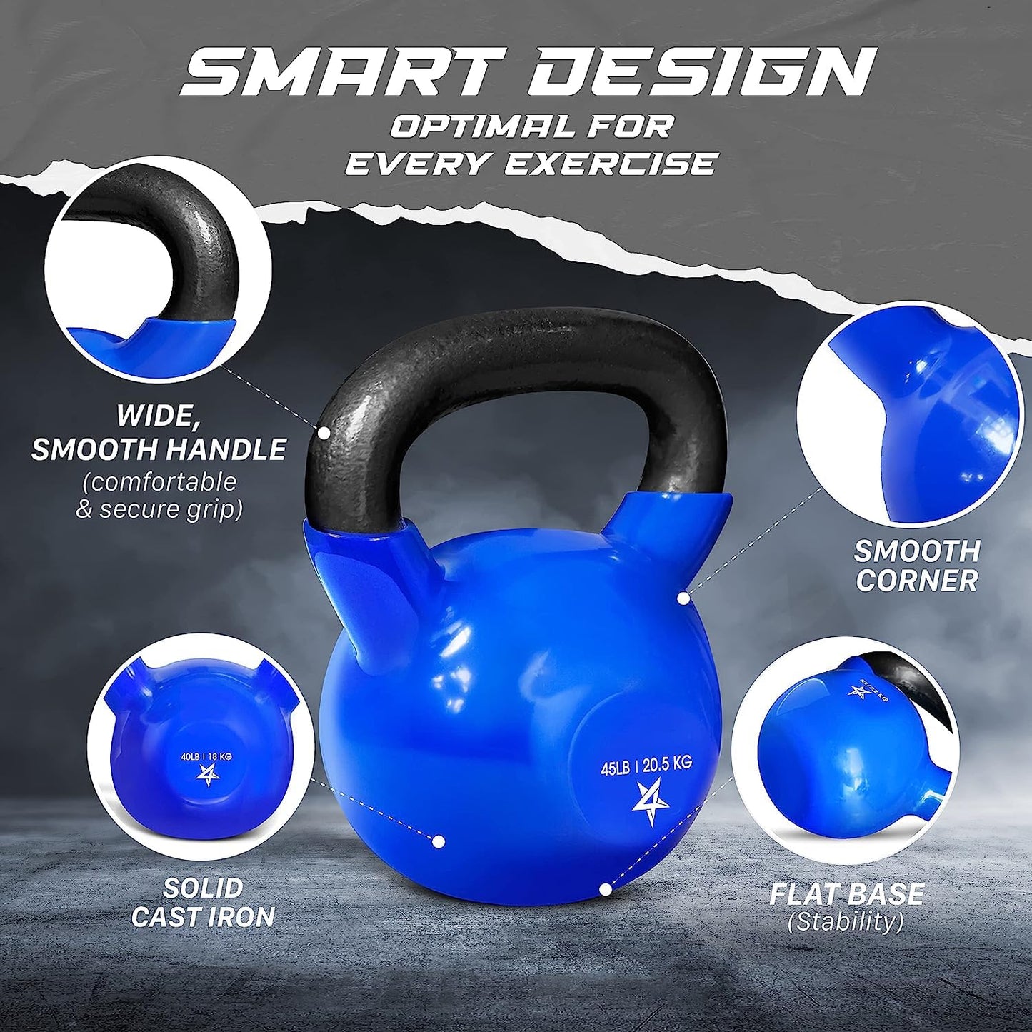 Yes4All Kettlebell, 45 lb Vinyl Coated Cast Iron Strength Training Kettlebells for Home Gym Exercises, Heavy Weights Gym, Fitness, Full Body Workout Equipment, Push up, Grip, Strength Training - Blue