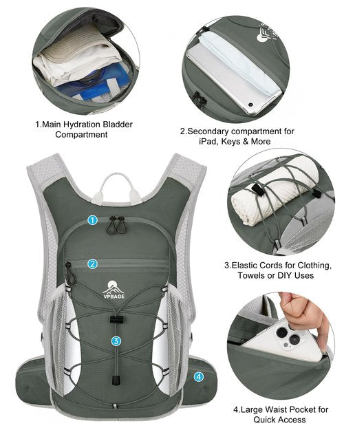 Hydration Backpack with 2L Water Bladder - Lightweight 15L Daypack with Phone-Sized Hip Belt Pockets, Anti-Chafe Cotton Edging & No-Bounce Straps - Small Water Backpack for Hiking, Running, Skiing
