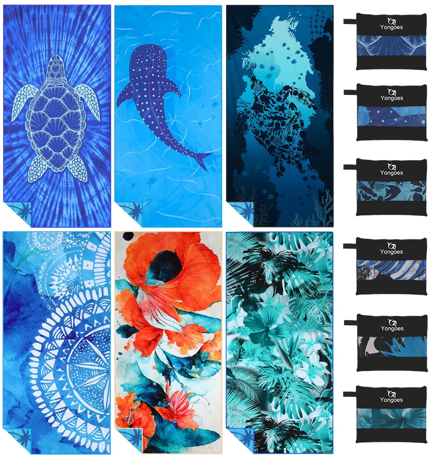 Yongoes 6 Pack Microfiber Lightweight Thin Beach Towel Sand Free Quick Dry Super Absorbent Large Towels for Swimming Pool Yoga Gym Travel Vacation Beach Accessories Essentials for Adults