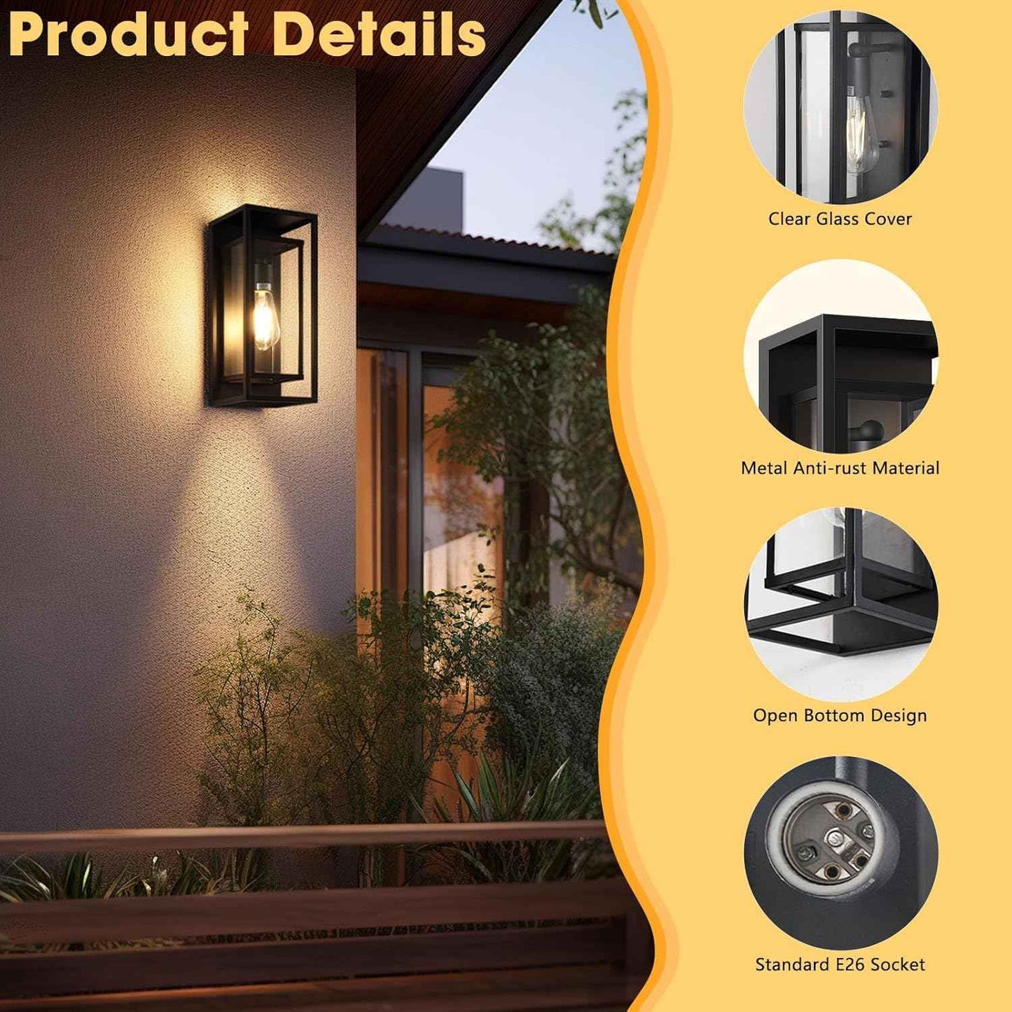 Waterproof Black Outdoor Wall Lanterns - 14'' Sconces with Clear Glass Shade, Anti-Rust, 2-Pack for Porch, Patio & Garage