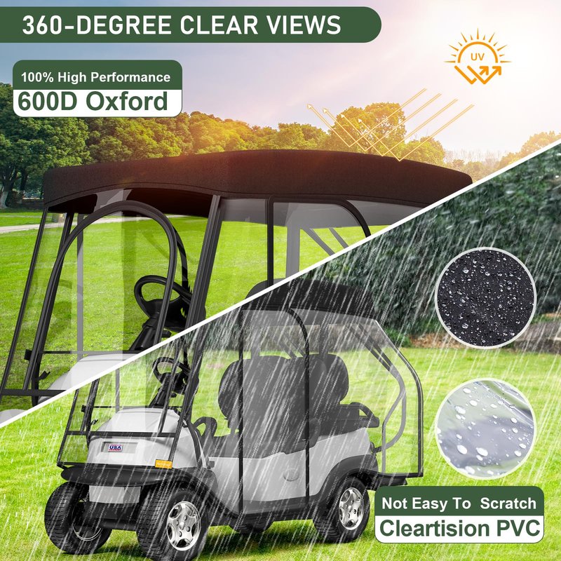 Rosefray Golf Cart Enclosure with 4 Sided Clear PVC Windows, 2+2 Golf Cart Drivable Enclosure Rain Cover , Short Roof 58" , Durable Door Zipper - (4 Seater Golf Cart Cover)-Black
