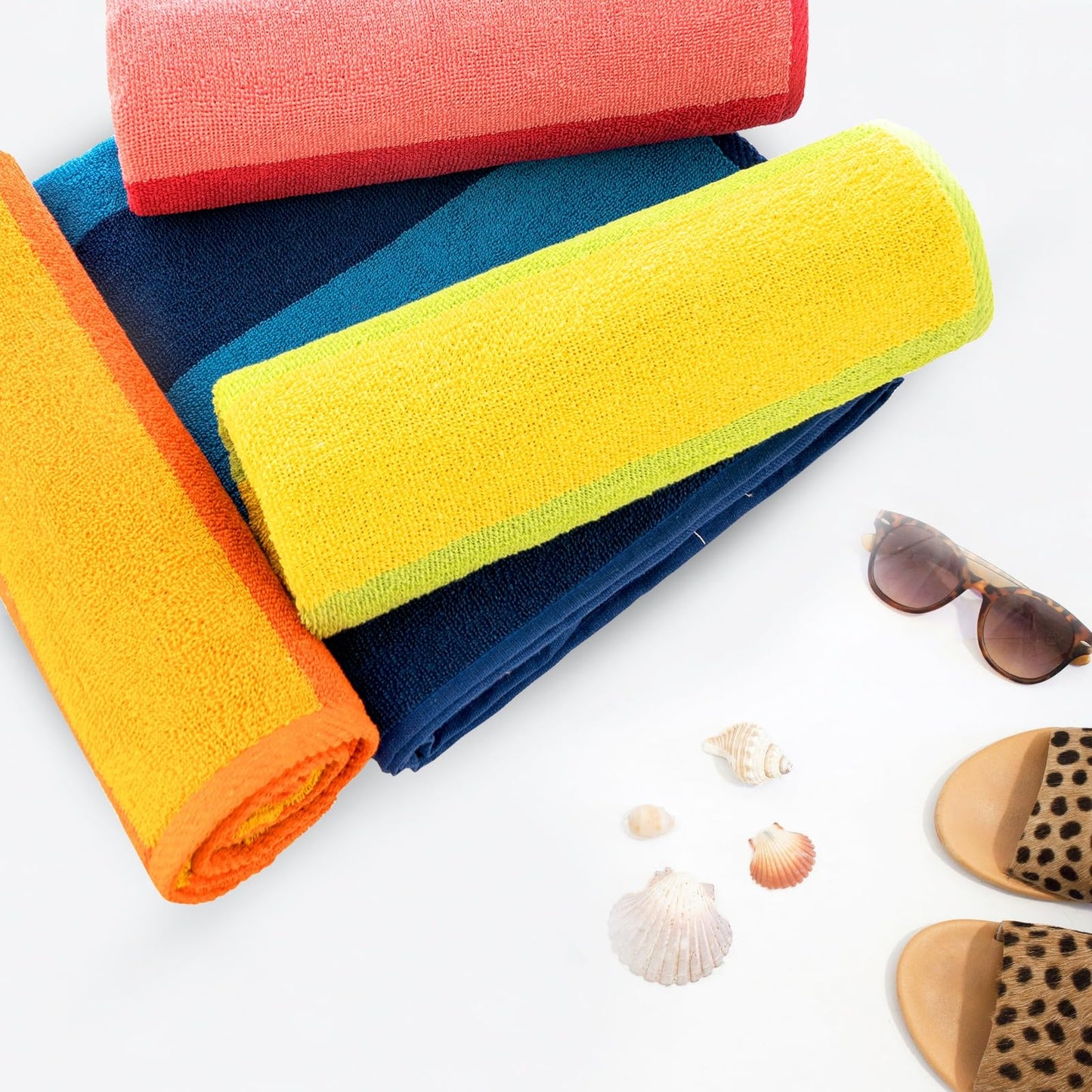 Casa Copenhagen Malibu Towel 4Pcs Orange,Blue,Pink,Green Designer Stripe Beach Towels Gift Set 30"x60" Oversized 100%Cotton Pool Bath Towel for Beach Gift Set (Perfect Summer Gift Set For Women & Men)
