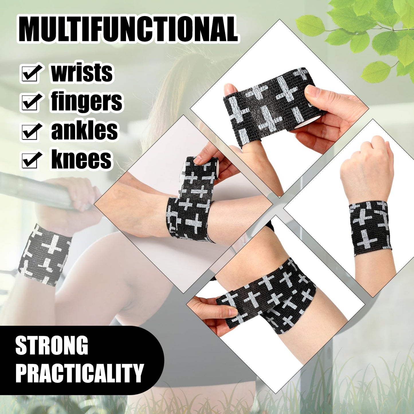 Geiserailie 12 Pack Christian Athletic Tapes 2 Inch x 5 Yards Self Adhesive Bandages Sports Wraps Breathable Elastic Wrap Non Woven Bandage for Wrist, Ankle, Baseball Football (White and Black)
