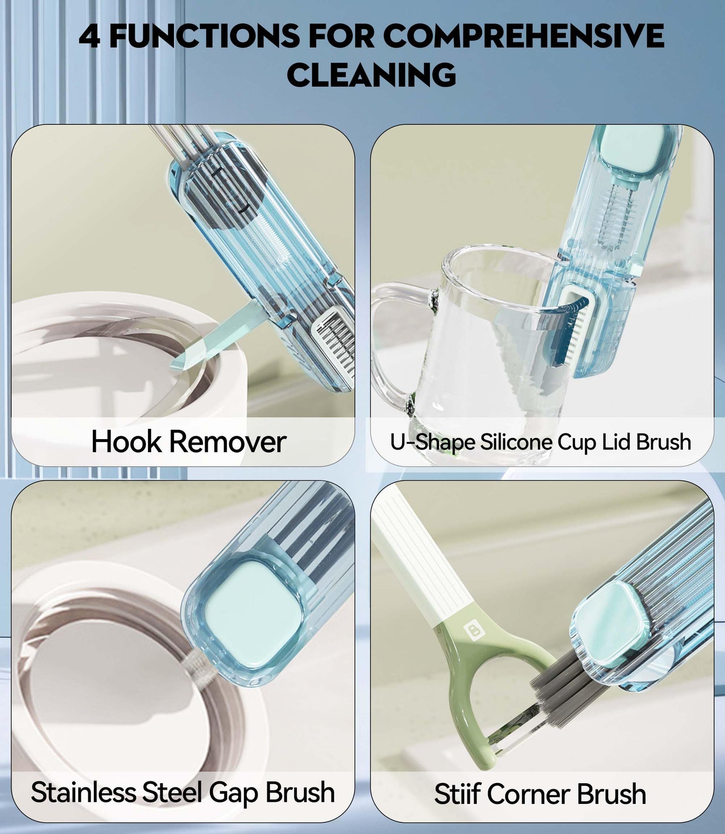 VIDONIO 4 in 1 Cup Lid Gap Cleaning Brush, Multifunctional Insulation Bottle Cleaning Tools, Mutipurpose Tiny Silicone Cup Holder Cleaner, Home Kitchen Cleaning Tools