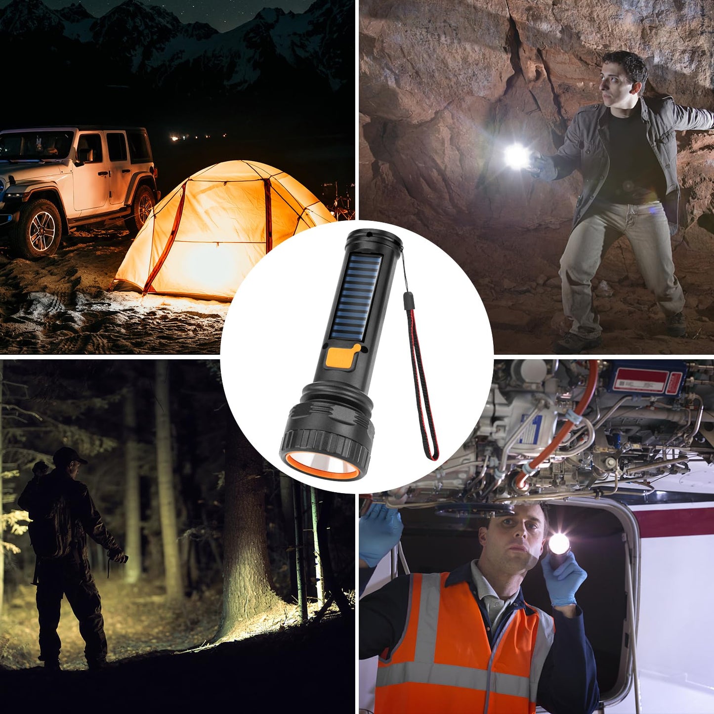 Solar Flashlights, 1500 Lumens Led Solar Powered Flashlights with Digital Display 2000mAh Battery Rechargeable Handheld Flashlights IP65 Waterproof Flashlights for Survival Emergencies, 1 Pack