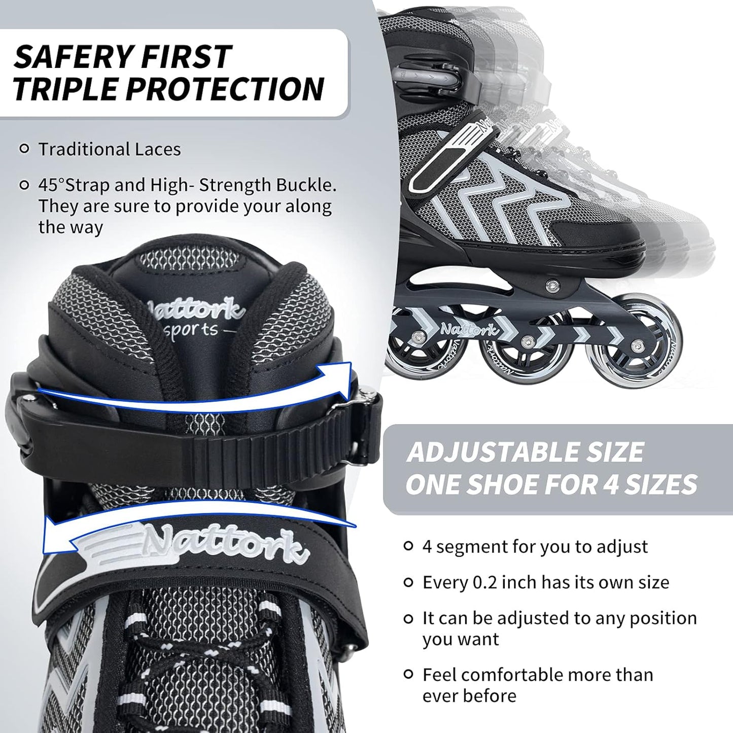 Nattork Adjustable Inline Skates - Perfect for Adults & Teens | Indoor & Outdoor Use, Ideal for Beginners