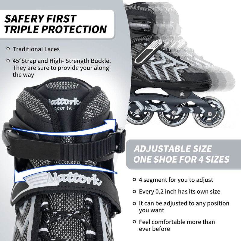 Nattork Adjustable Blades Roller Skates for Adults Women and Men,Outdoor & Indoor Black Inline Skates for Kids,Boys,Beginners, Men Size 9 10 11 11.5