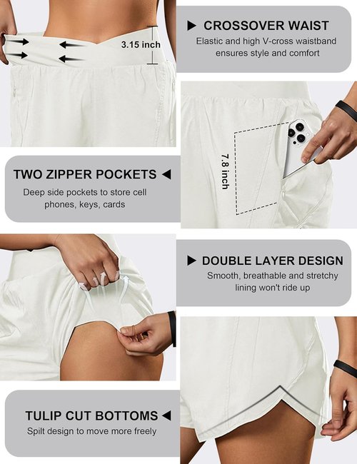 Blooming Jelly Women's High Waisted Athletic Workout Shorts - Crossover Design with Zipper Pockets