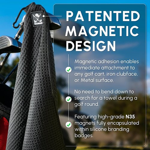 SOOWASH Magnetic Golf Towel 2-Pack, 18x18 Inch Microfiber Waffle Design with Strong Magnet - Golf Towels for Golf Bags/Carts, Quick-Dry & Ultra Absorbent(Black)
