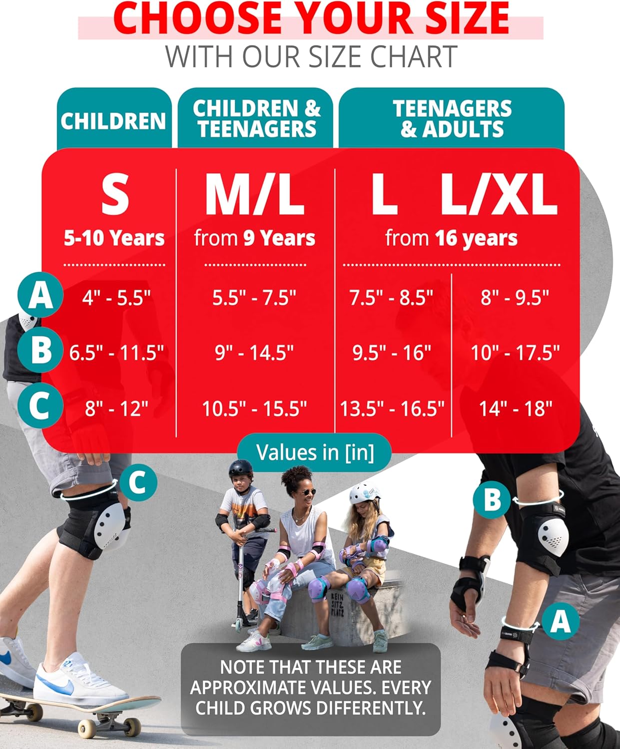 SKATEWIZ Skateboard Pads | Protective Gear Set for Kids & Adults - 6pc Roller Skate Pads with Wrist Guards