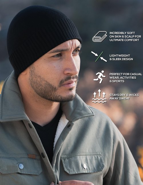 Bamboo Lightweight Beanie for Men & Women. Soft Athletic Winter Hat. Ideal Cuffed Beanie for Sports. Keeps You Warm and Comfortable (US, Alpha, One Size, Black)
