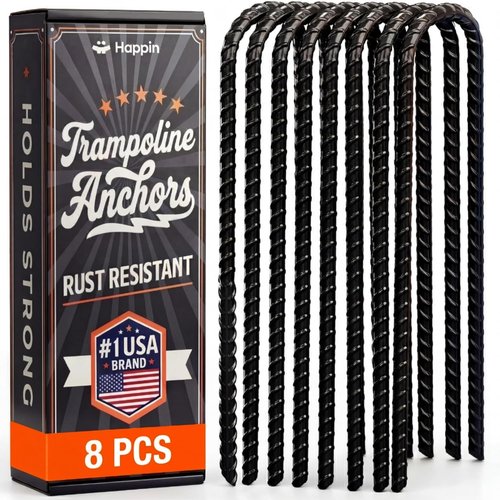 Happin® Trampoline Anchors - Heavy-Duty Ground Stakes for Secure Installation | 12 Inch, Black (8 Pack)