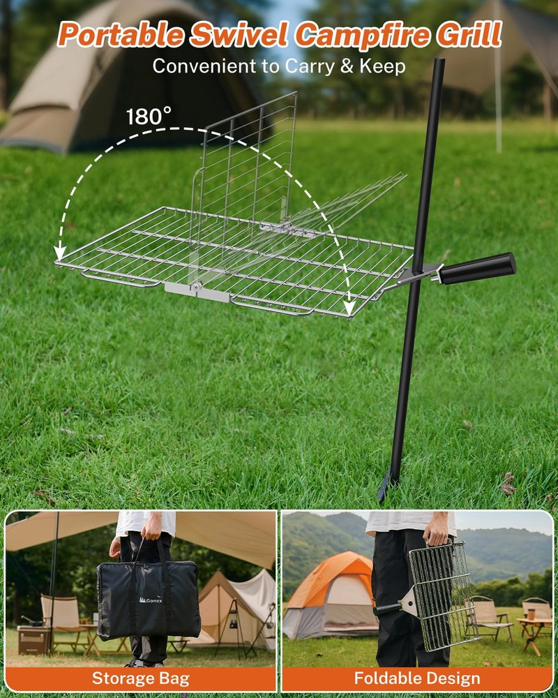 Gonex Portable Campfire Grill Grate for Fire Pit Foldable Stainless Steel Grill Height Adjustable Camping Cooking Equipment for RV Outdoor Backyard BBQ Courtyard 15.35"x18.3"
