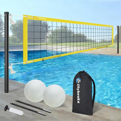 Base Free Pool Volleyball Net Set - Adjustable 15-26 Ft Length & 3 Heights | Includes 2 Volleyballs & Carry Bag