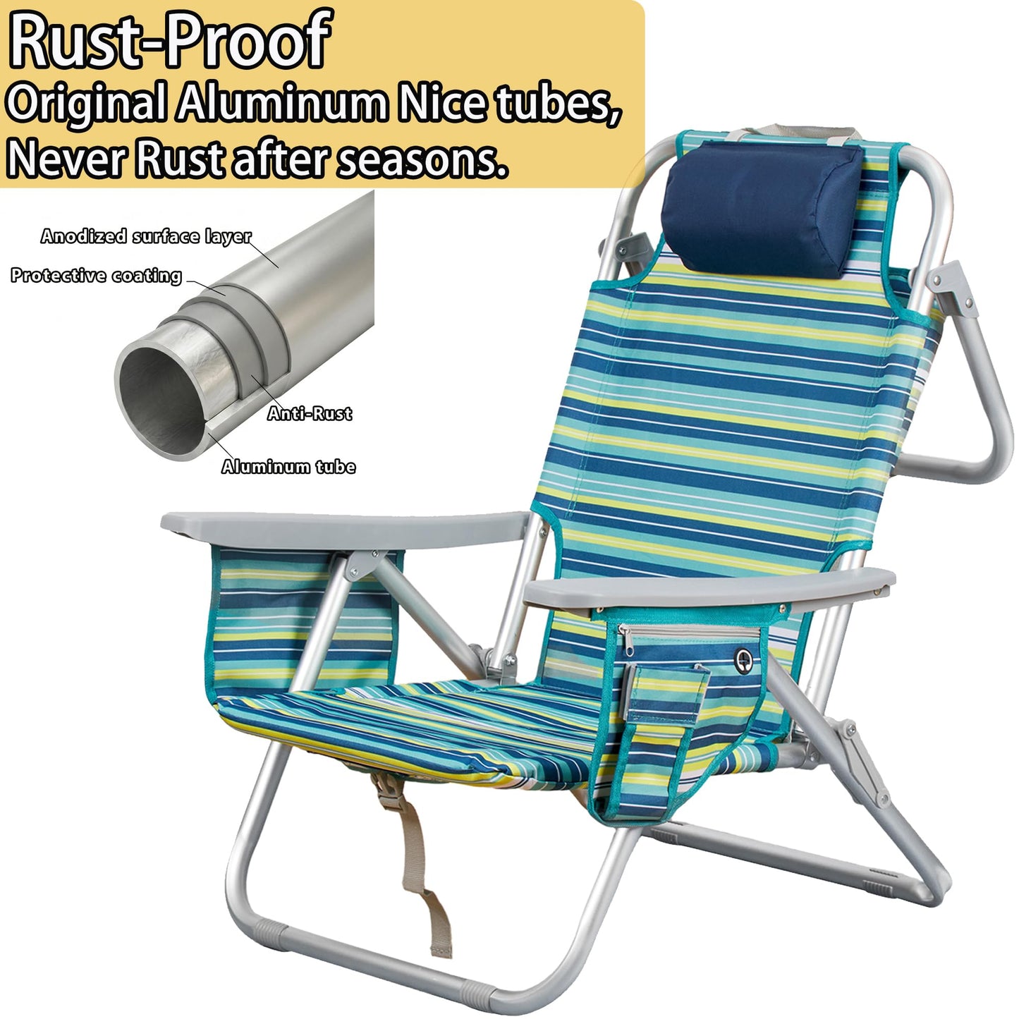 ALPOME Aluminum Backpack Low Profile Beach Chair - 5-Position Lay Flat Reclining Folding Chair with Removable Cooler Bag - Heavy Duty 330 lbs Capacity, Lightweight Portable Sand Seat - Striped Green